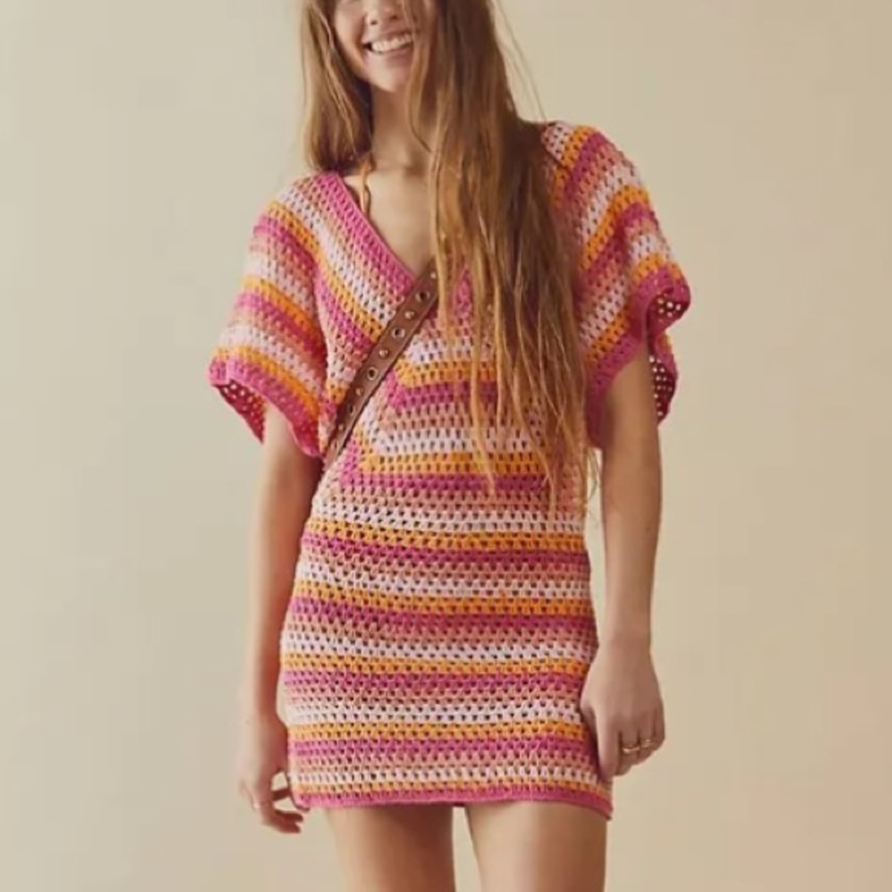 Flook x Free People Eden XS & Med Pink Striped Crochet Handmade Knit Cover-Up